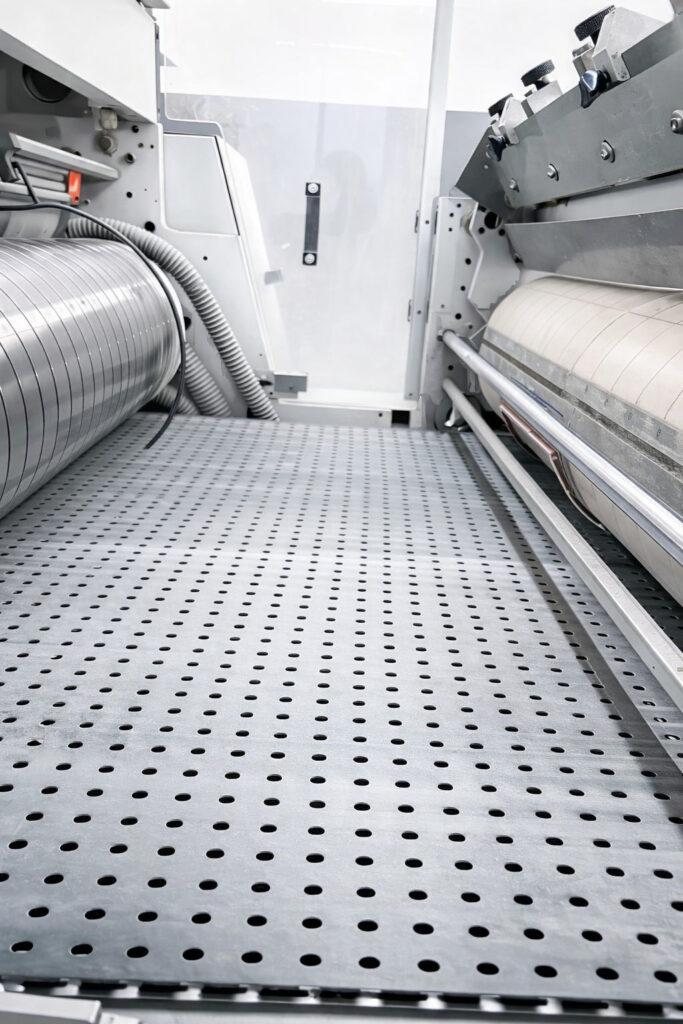 Pencere asetat yapıştırma makineleri için Heiber & Schröder uyumlu delikli konveyör bant çözümleri. Vakum uyumlu, dayanıklı ve yüksek performans.